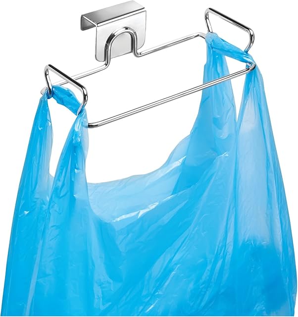 iDesign Trash Bag Holder, Over Door hanging Bin, Ideal for Kitchen, Made of Durable Metal, Silver