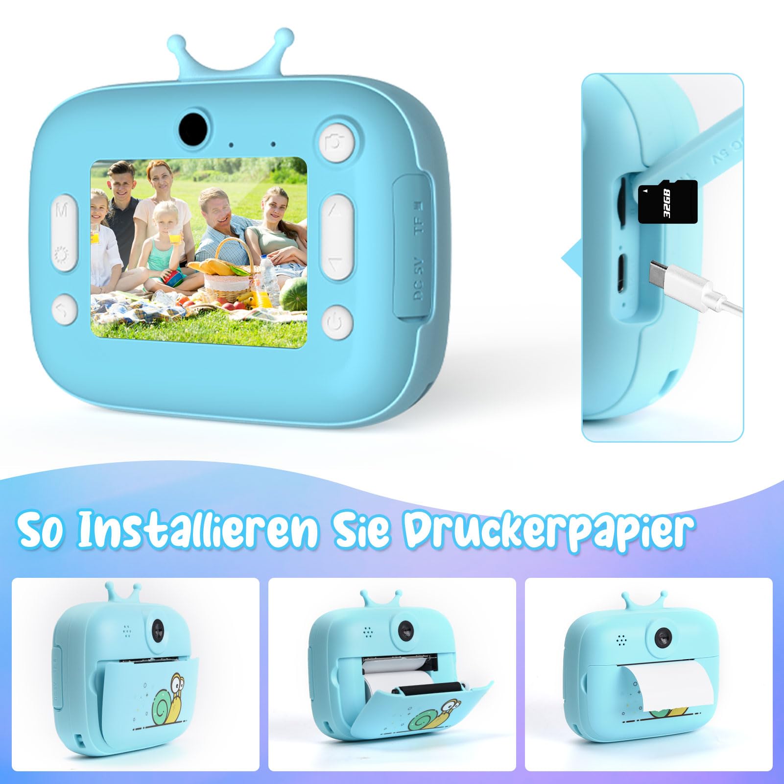 Macchina Fotocamera Istantanea per Bambini, Nauotk 2,4 Pollici Fotocamera Digitale con 32GB TF Scheda, Carta Fotografica per Stampa e Penne Colorate per DIY, Regalo di Natale per Bambini 3-14 anni