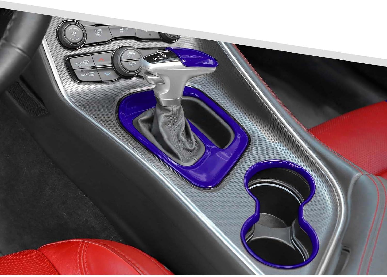 Jimen Compatible with Dodge Challenger 2015-2023, 3PCS Shifter Knob & Gear Shift Panel & Front Cup Holder Cover Trim (Blue)