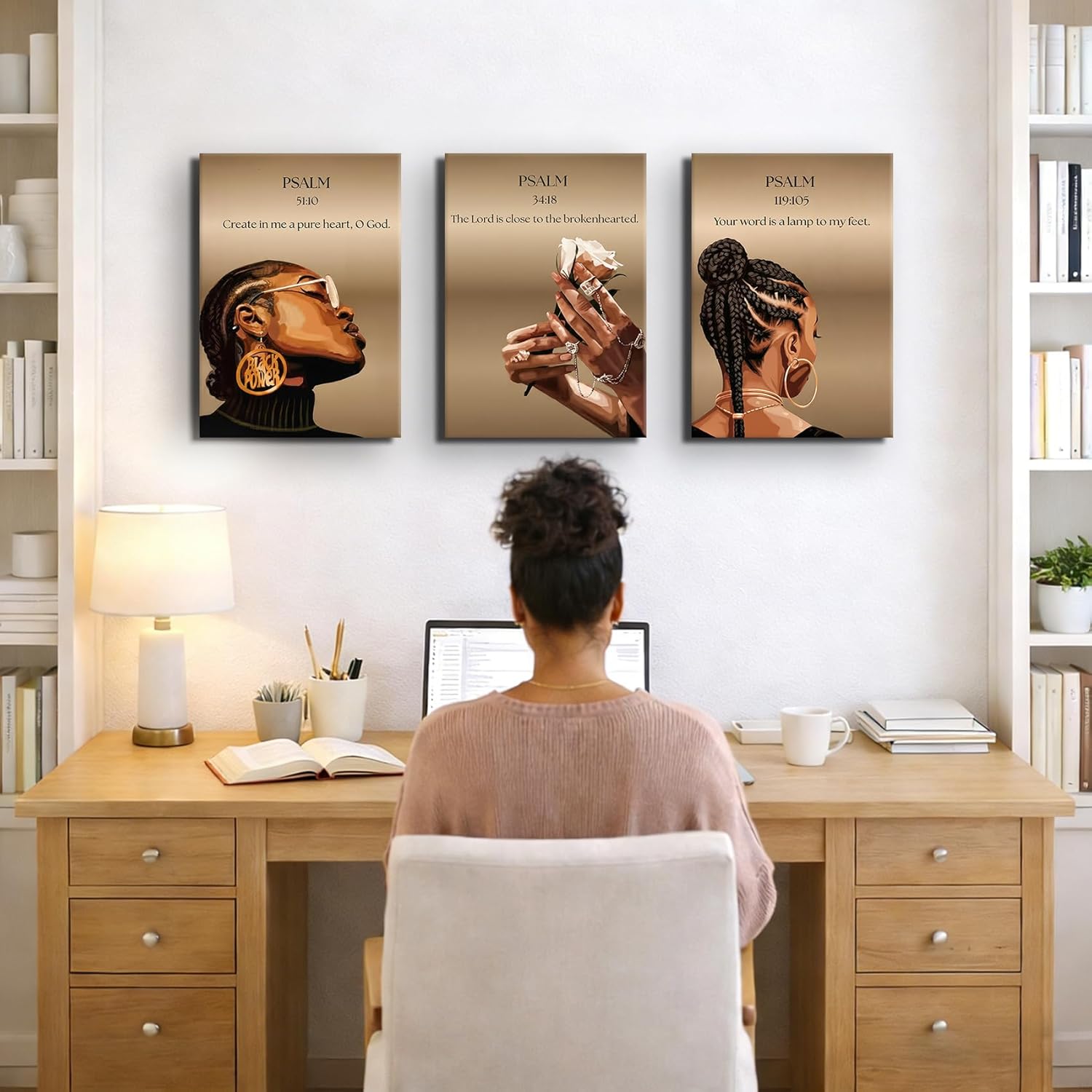 3 Pcs Black Girl Spiritual Wall Art African American Woman Christian Decor - Bible Verse Inspirational Quotes Painting - Psalms 119:105 34:18 51:10 Scripture Prints for Bedroom Bathroom 16x24 In Canvas