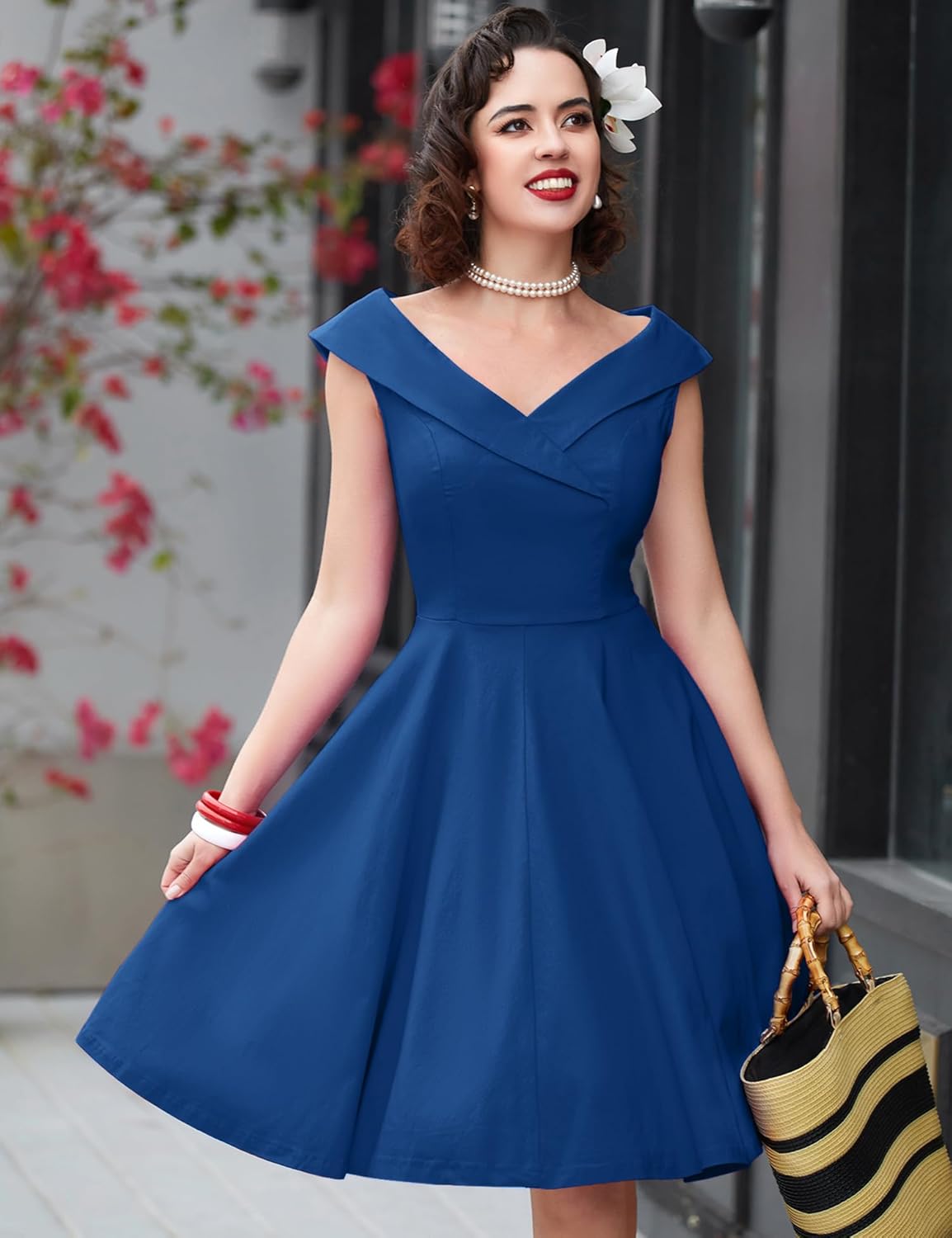 MUXXN Women's 1950s Retro Vintage Sleeveless V Neck Midi Cocktail Swing Dress