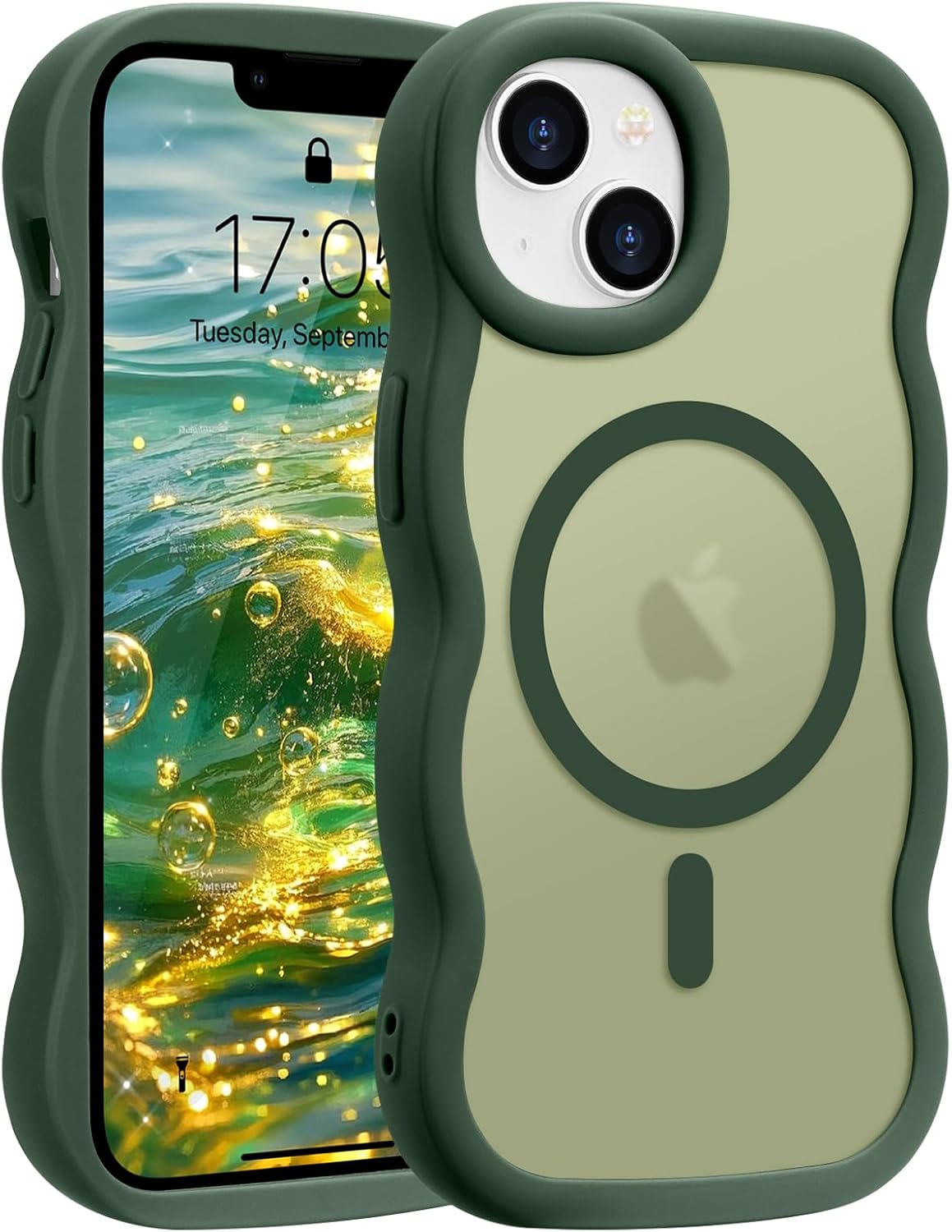 for iPhone 14/15 Plus Case, Curly Wave Frame Hard Translucent Clear Cover for Women Men Compatible with Magsafe TPU Shockproof Protective Phone Case for iPhone 15/14 Plus, Green