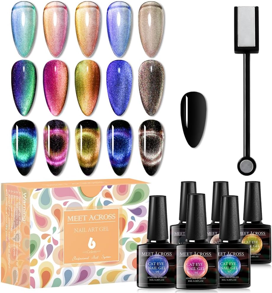 9D Cat Eye Gel Nail Polish Set 6 Colors Magnetic Cat Eye Gel Nail Polish Set Soak Off UV LED Light Starry Sky Effect Magnetic Nail Polish Kit Manicure Nail Art Gift Kit