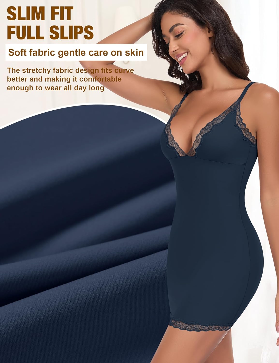 Full Slip for Women Under Dress Slim Slip Dress Adjustable Straps Nightgown V Neck Sleepwear Cami Mini Dress - Image 4