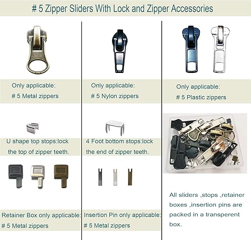 Miniatura 2 de Kit de reparación de 39 cremalleras con tirador, 12 piezas, kit de reparación de cremalleras, parte inferior y superior de metalplástico y nailon