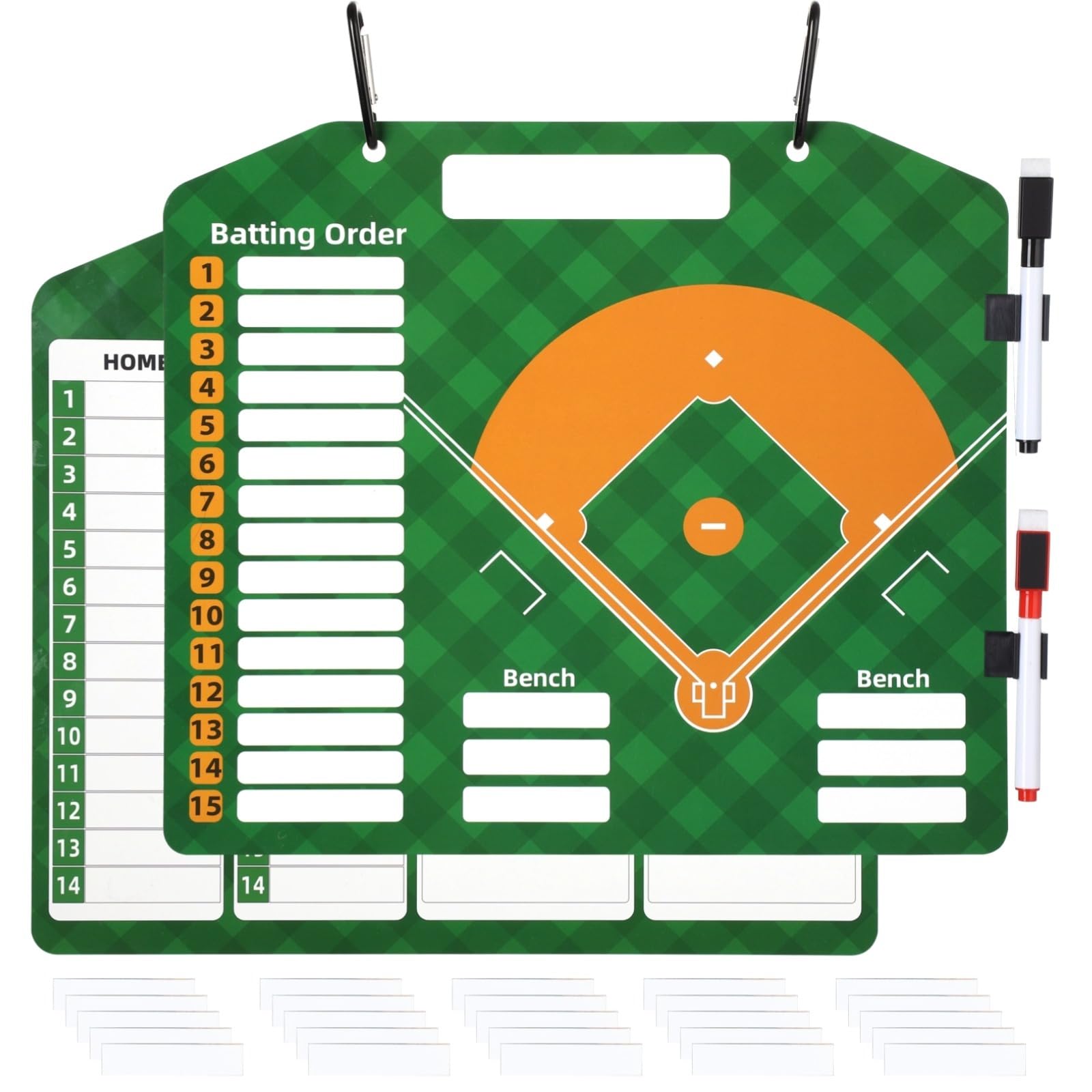 Baseball-Aufstellungsboard, 12,6 x 11 Zoll, doppelseitige Taktiktafel mit 30 haftenden Streifen und 2 Stiften, tragbares Softball-Board für Schlagreihenfolge und Feldpositionen