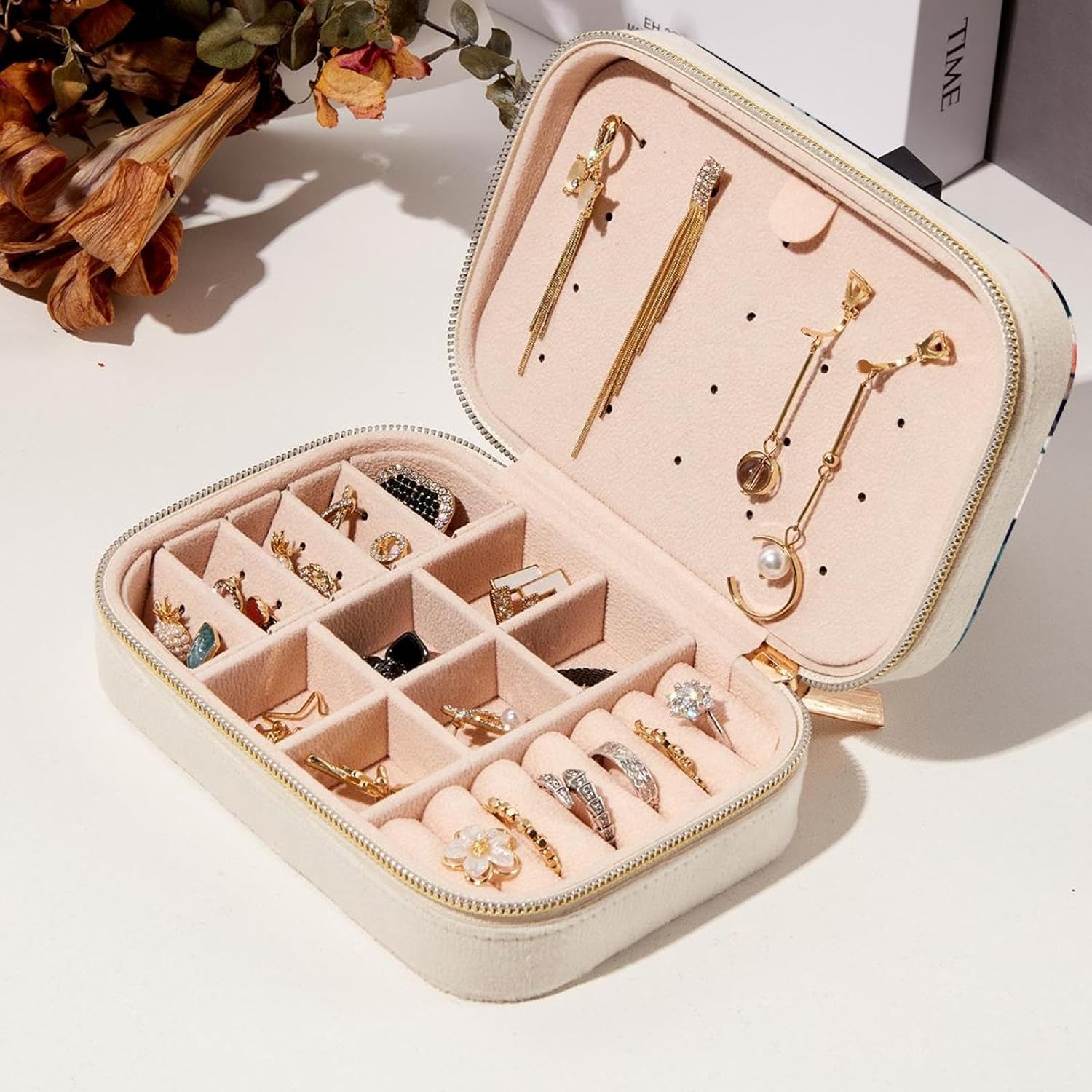 Peace Dove Flower Pattern Small Jewelry Box, Double Layer Travel Jewelry Organizer for Women Girls