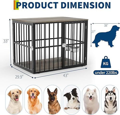 Miniatura 3 de Mueble resistente de 43 pulgadas para perros con 2 puertas y cuencos ajustables para perros medianos y grandes, jaula de madera para perros, jaula