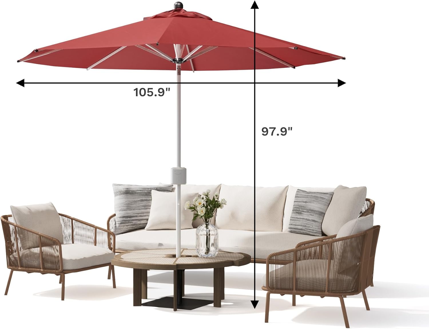 Patiowell Motorized Patio Umbrella dimensions: 105.9 inches width, 97.9 inches height.
