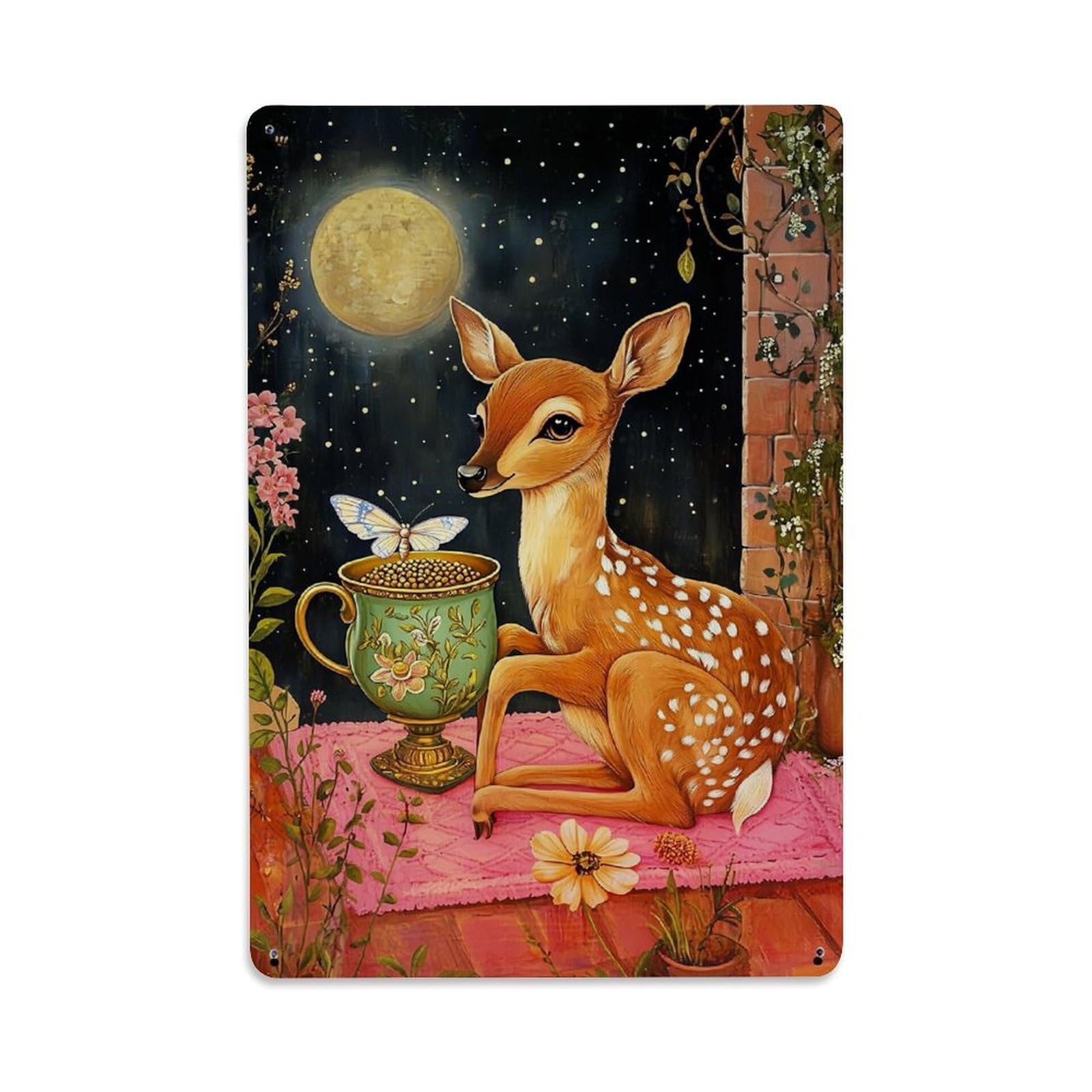 Jdfenggu Vintage Moonlit Deer Tea Cup Garden Retro Metal Tin Sign, Decor Art Poster For Bar, Home, Man Cave, Kitchen, Laundry Room Gift 8X12inch