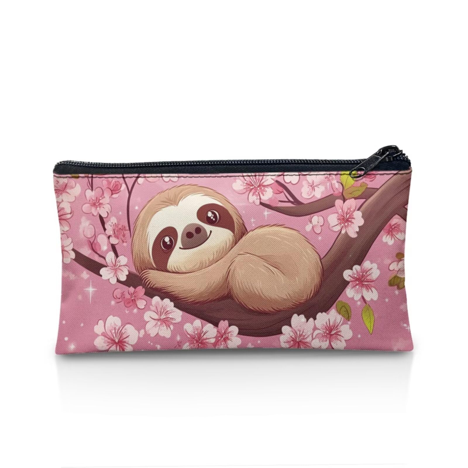 POLERO Sloth Pencil Case for Girls Cute Pencil Pouch Slim Cherry Blossom Floral Back to School Supplies