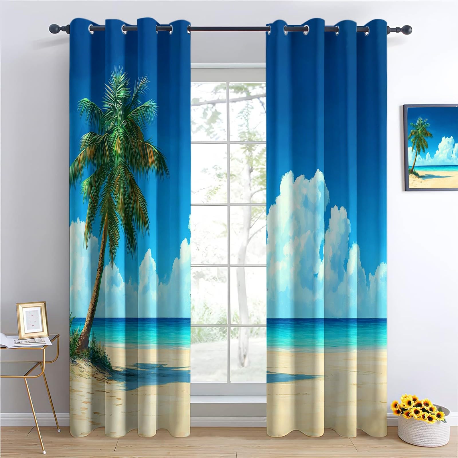 Générique Rideau Occultant Plage Palmiers Ciel Nuages, Rideaux Isolant Thermiques et Phonique - Draperies Oeillets Anti Froid Jaune pour Salon Chambre Fenêtre Décoration 110L x 215H cm 2 Panneaux
