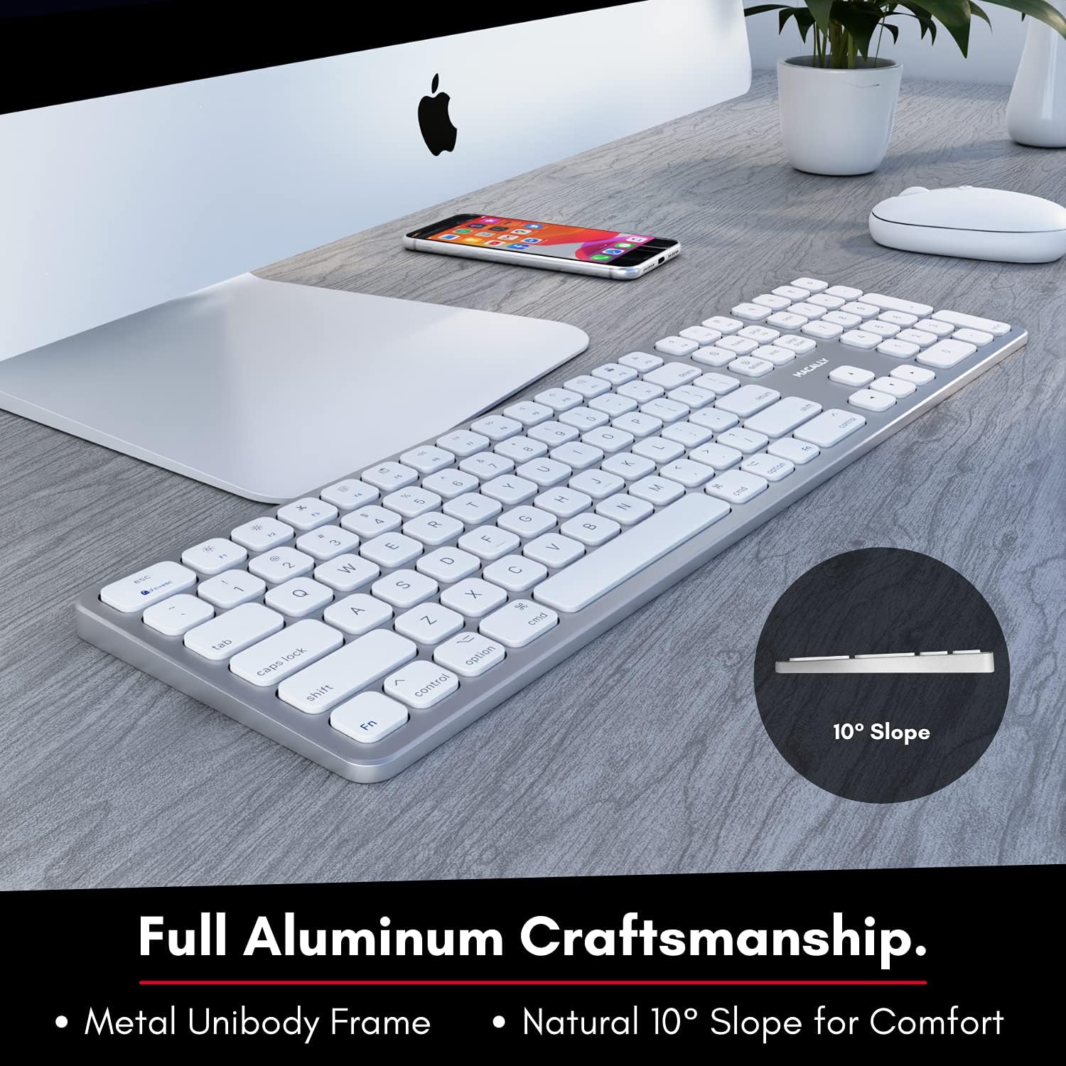 Macally Bluetooth Wireless Keyboard for Mac - Compatible Apple Keyboard Wireless for iMac Mini/Pro, MacBook Pro/Air, iPad, iPhone - Slim Full Size Metal Frame Bluetooth Keyboard for Mac - Silver : Electronics
