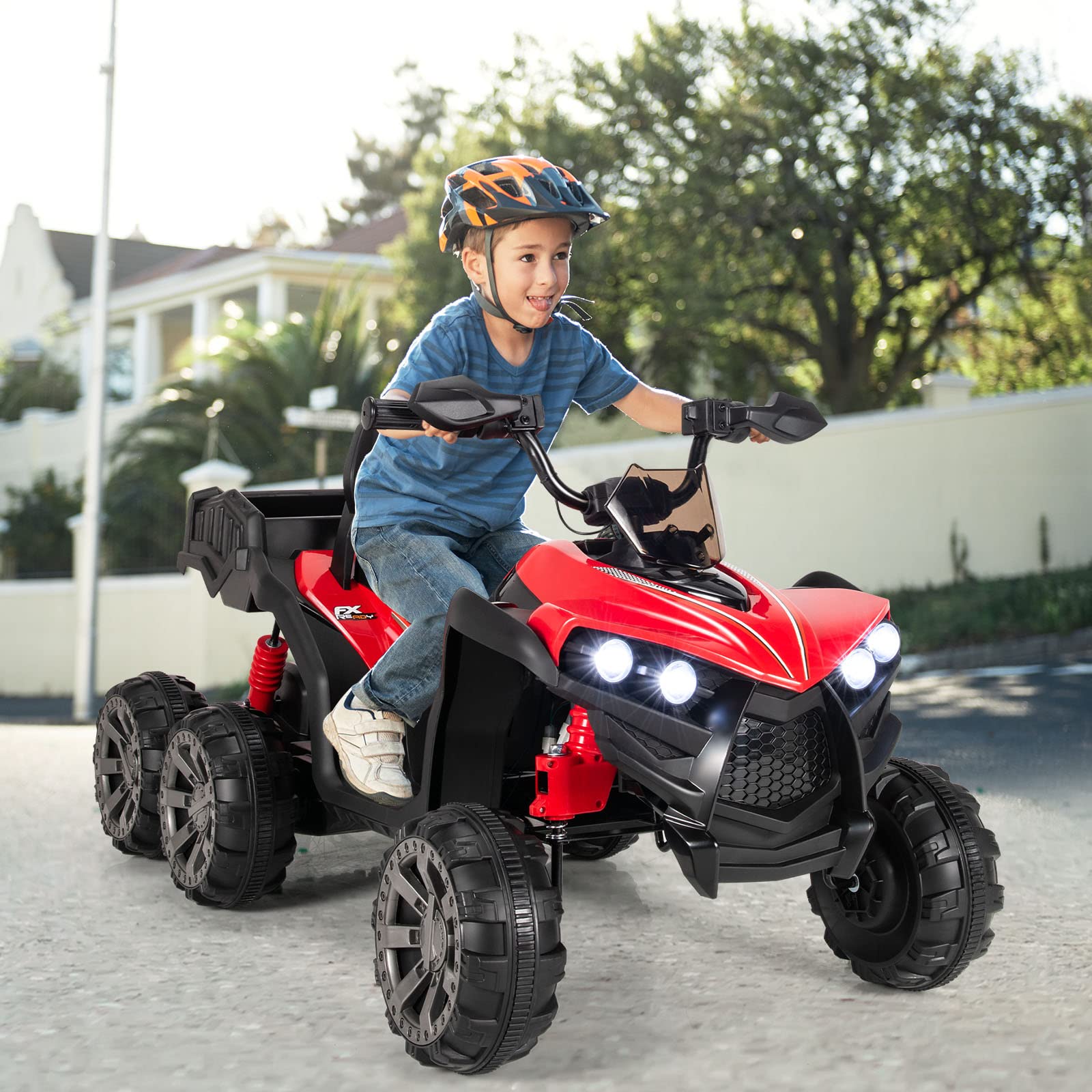 COSTWAY 12V Quad Elettrico per Bambini, Macchina Elettrica per Bambini con 6 Ruote 4 Motori Baule Posteriore Luci LED e Musica, Trazione Integrale, 3-6 km/h, 3 Anni+ (Rosso)