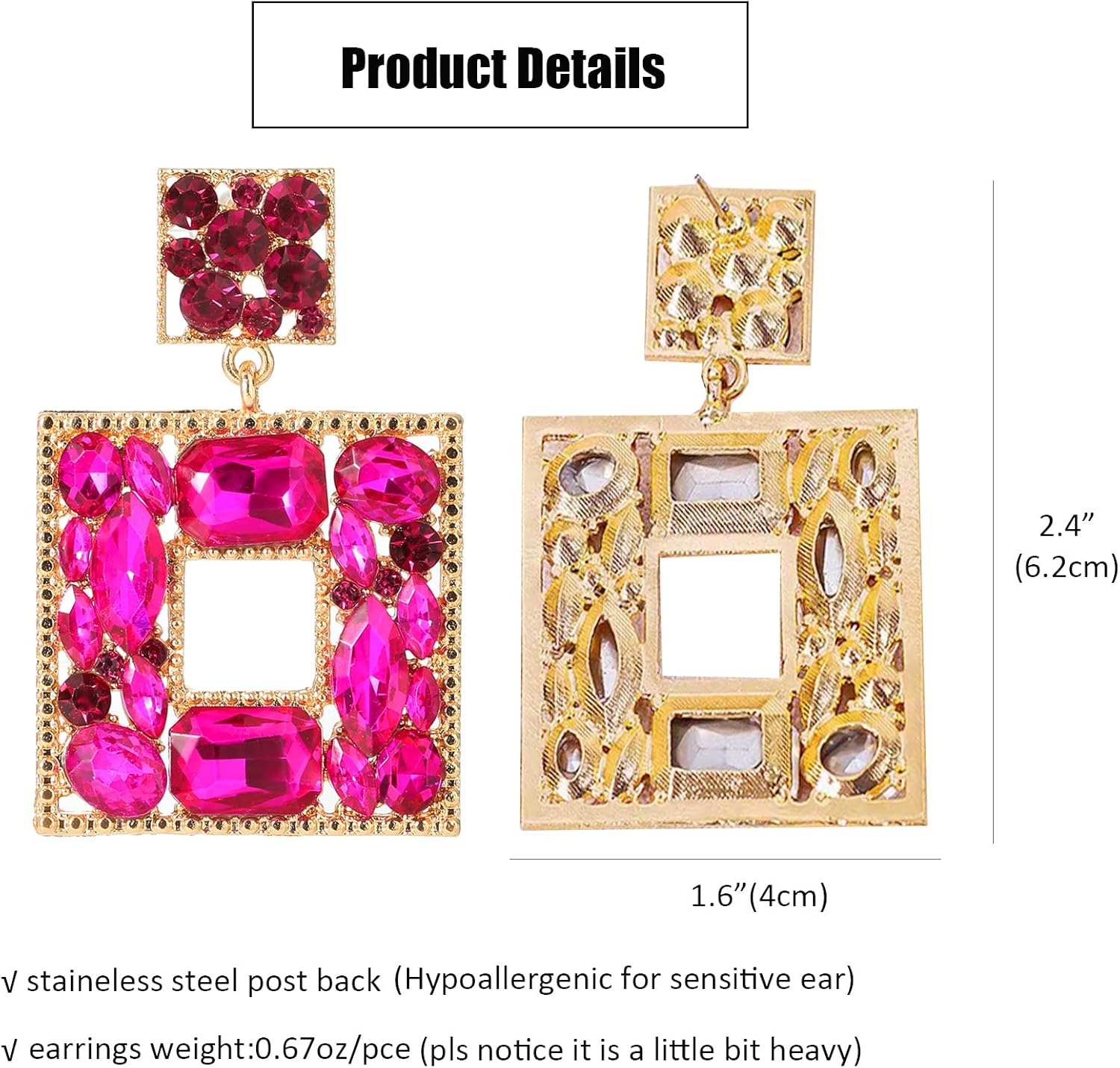 ATIMIGO Rhinestone Square Dangle Earrings Trendy Crystal Geometric Drop Statement Earrings hypoallergenic for Women - Image 5