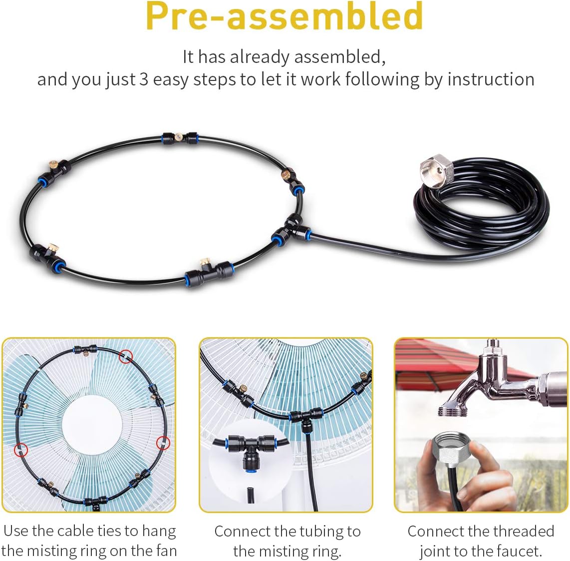 homenote Fan Misting Kit for a Cool Patio Breeze 16.4FT (5M) Misting Line &5 Removable Brass Nozzle & Galvanized Solid Brass Adapter, Connects to Outdoor Fan, Fan Misters for Cooling Outdoor
