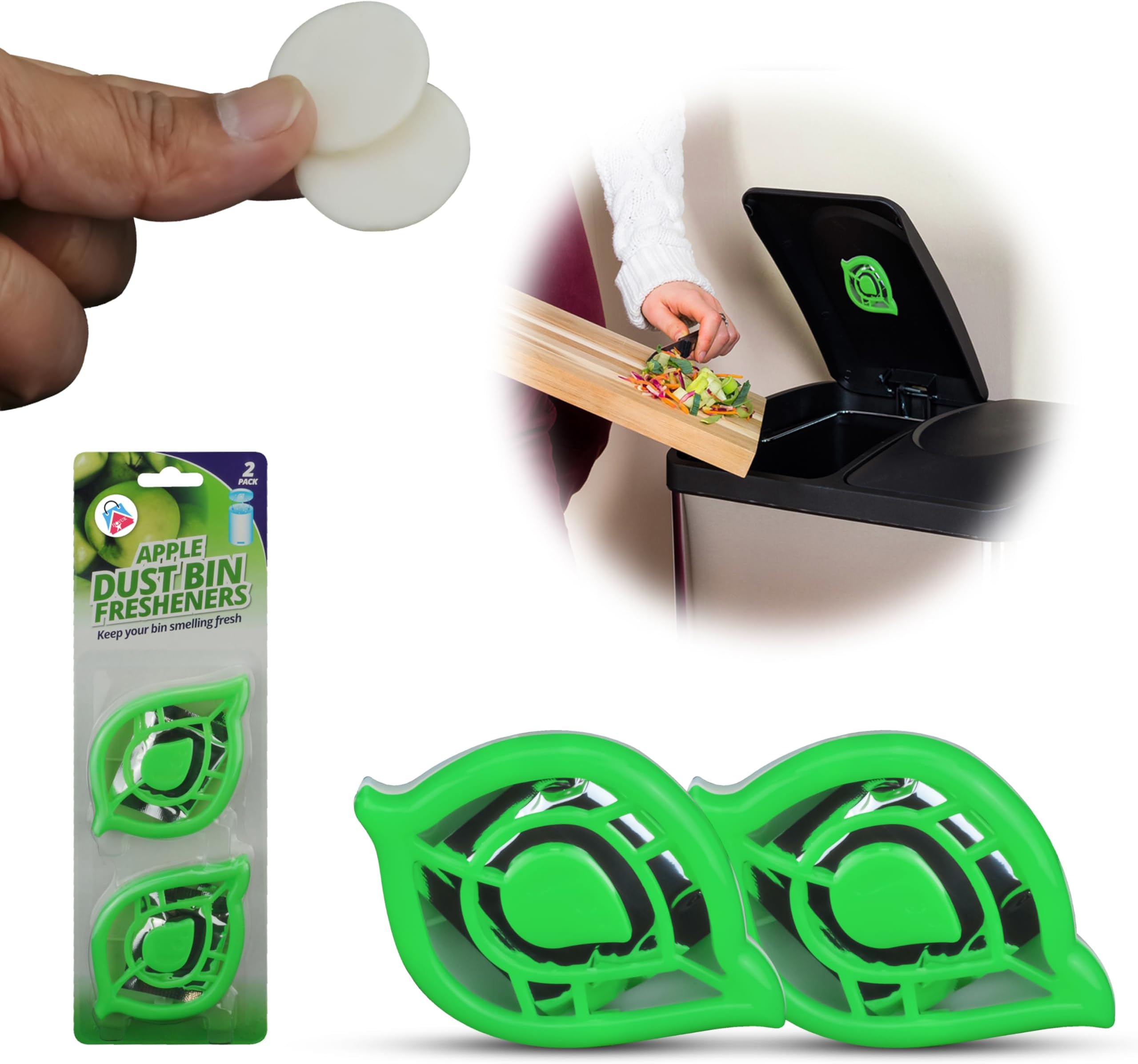– Bin Freshener Stick On 2PCS Apple Scent, Dustbin Odour Remover for Kitchen, Swing Pedal Lid Air Freshener, Odour Eliminator for Bins, Wheelie Bin Deodoriser, Green
