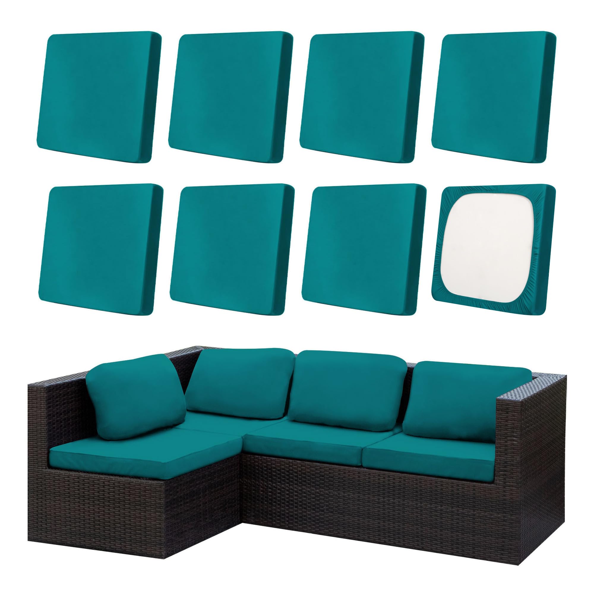 DREAHOTEXTIL 8er-Set Outdoor-Sitzkissenbezüge, elastisch, rutschhemmend | Für Sofamodule: 51–68 cm lang und breit, 5–17,8 cm hoch; schnell anzubringen; für Lounge, Terrasse und Garten; (Pfauenblau）