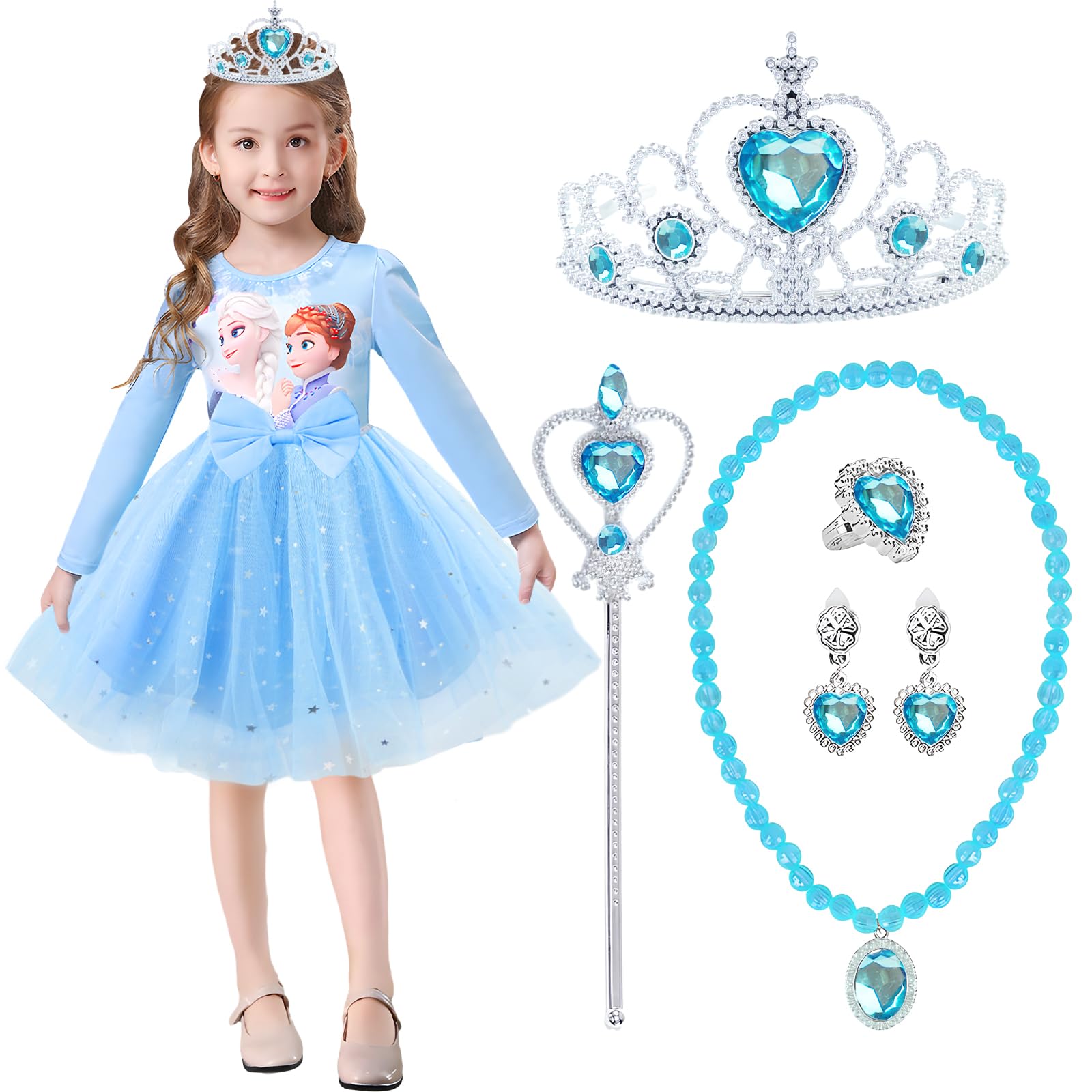 yumcutePrincess Dress with Princess Accessories, Girls Princess Outfit Girls Long Sleeve Casual Dresses Dress for 4-10 Years Girls Cosplay Birthday Carnival Christmas Halloween Party Costumes