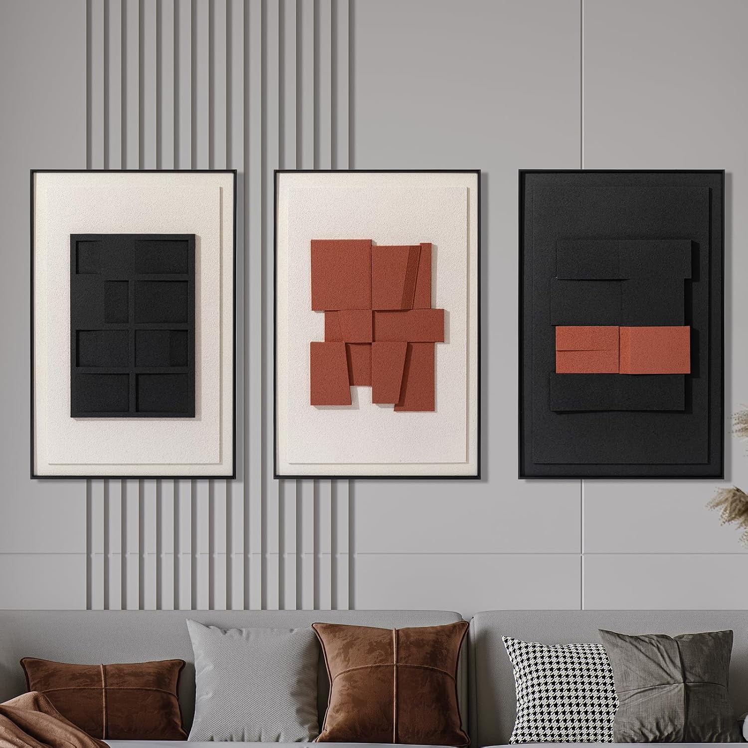AMAATE 3 Pieces 3D Sandstone Wall Art, Black Metal Framed Modern Wabi-Sabi Abstract Geometric Relief Wall Decor, Black Terracotta Textured Wall Paintings for Living Room Bedroom Office, 16x24 Inches, Ready to Hang