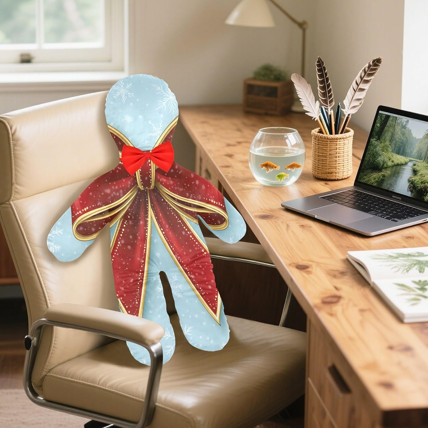 Red Bow with A Golden Ribbon Human-Shaped Pillow Soft Body Pillows Washable Velvet Pillows for Anxiety Relief Sleeping Cuddling & Support