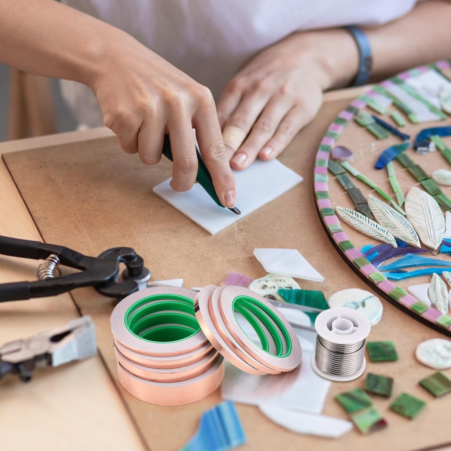 10 Pcs Stained Glass Supplies Set Include 1 lb Spool 60/40 Solder for Stained Glass 7 Sizes x 22 Yards Copper Foil Tape 1/8 Dia Solder Copper Foil Tape for Craft