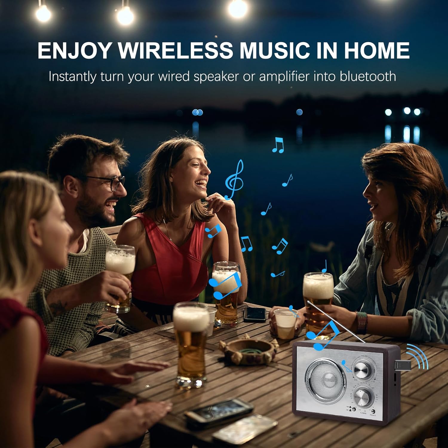 People enjoying wireless music at home with the Bluetooth adapter connected to a speaker.