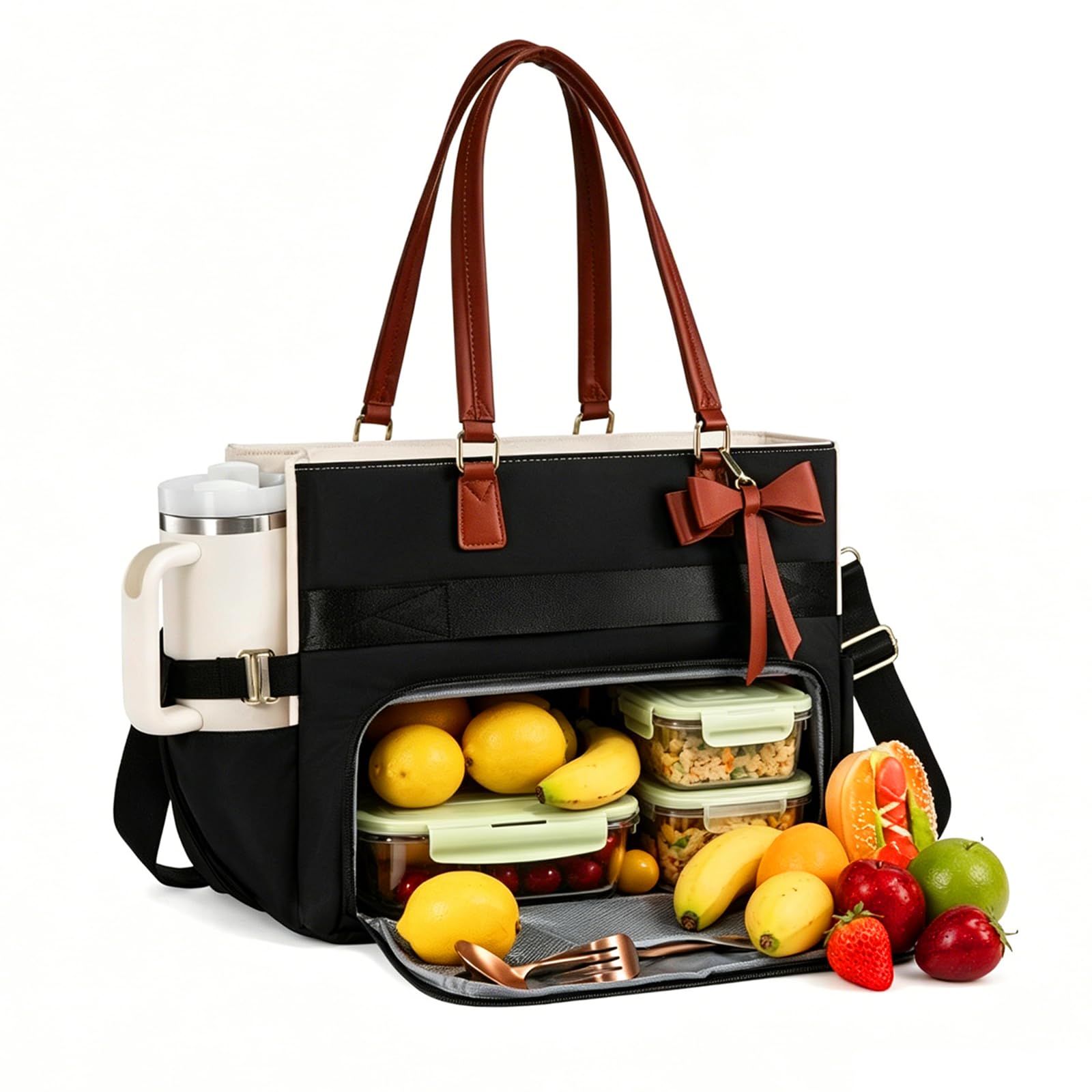 Bztzhm 2 in 1 Lunch Tote Bag for Women, 15.6 Inch Leakproof Lunch Bag with Insulated Lunch Compartment, Laptop Tote Bags with Side Pockets, Large Work Tote Bag for Office Business College Brown