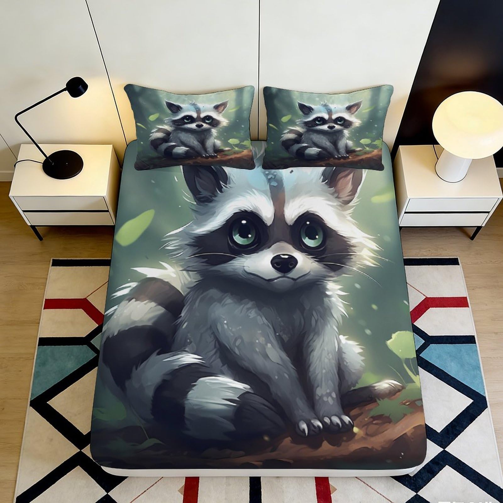 Jqzkxnhpbr Style-9 3D Printed Cute Raccoon Fitted Sheet Microfiber Soft Animal Forest Bed Cover For Bedroom Dorm Mattress Protection Decor 90X200x25cm