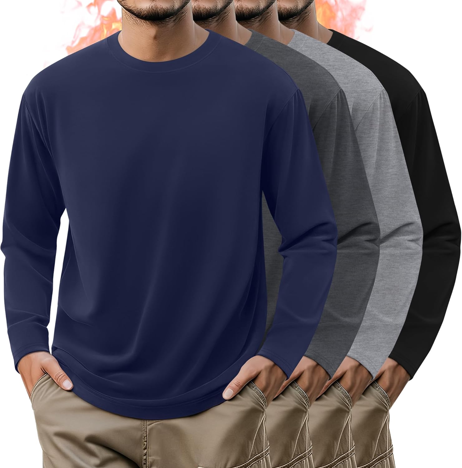 4 Pack Mens Long Sleeve Shirts Crew Neck Thermal T-Shirt Thick Comfortable Sweatshirt Casual Pullover Basic Tops