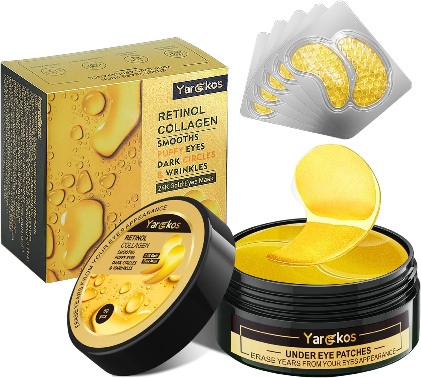 60 stuks 24 K gouden onderoogpatches met 5 stuks Travel Eye Mask, 30 paar vrouwen undereye-maskers voor donkere kringen gezwollen ogen behandeling, gelpads, hydraterend voor zwellingen en rimpels