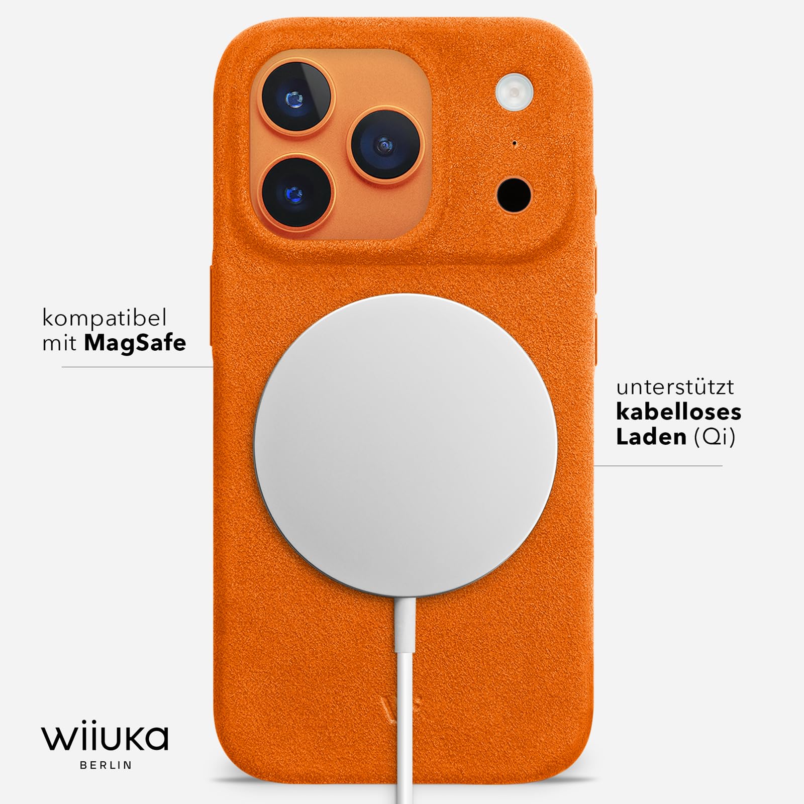 WIIUKA - Custodia protettiva in Alcantara per iPhone 17 Pro Max fatta a mano - Extra sottile - Alternativa alla pelle - Scio Alcantara - Arancione