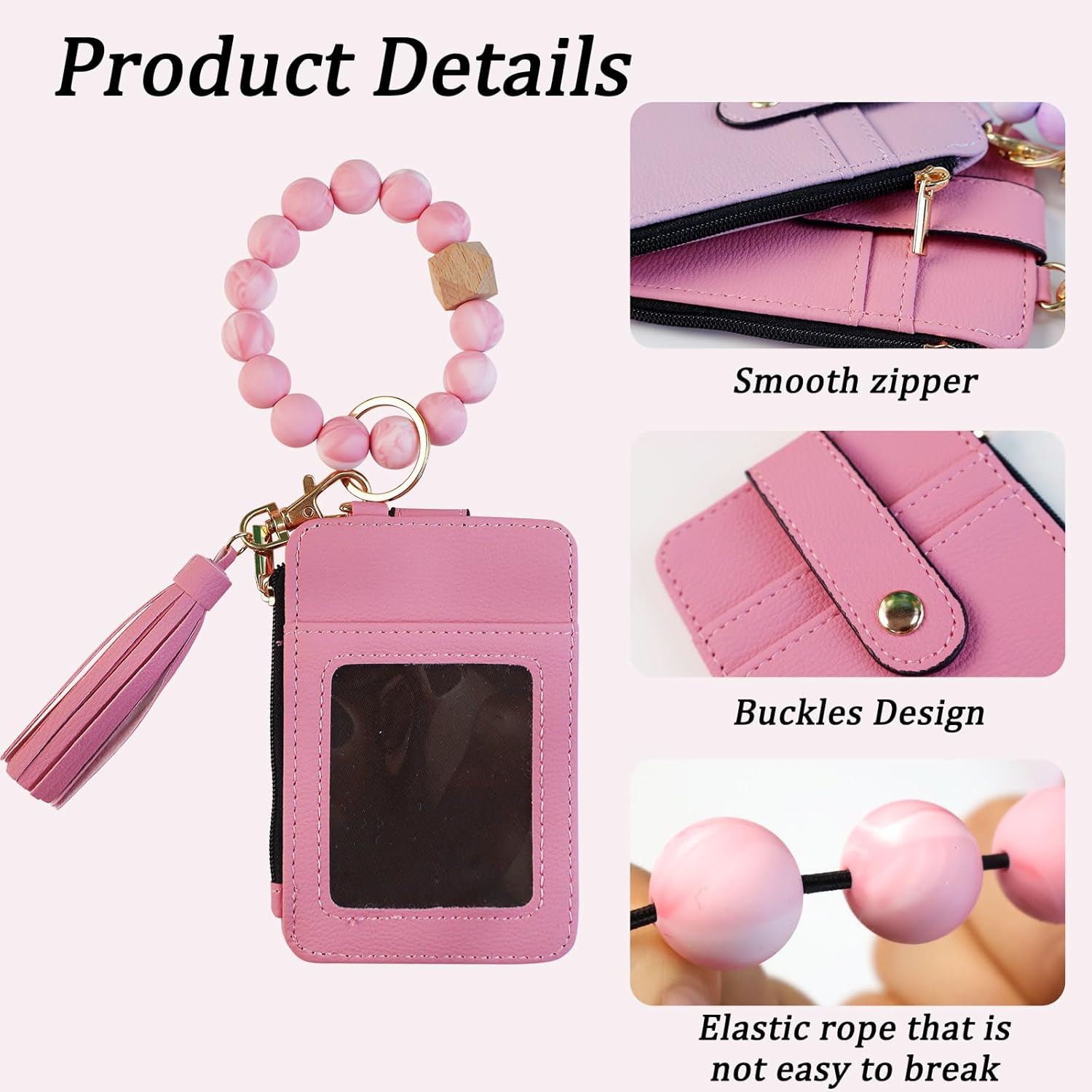 Womens Boho Beaded Wristlet Wallet Keychain with Flower Pattern, Boho Style Beaded Tassel Card Holder Purse for Women - Image 4