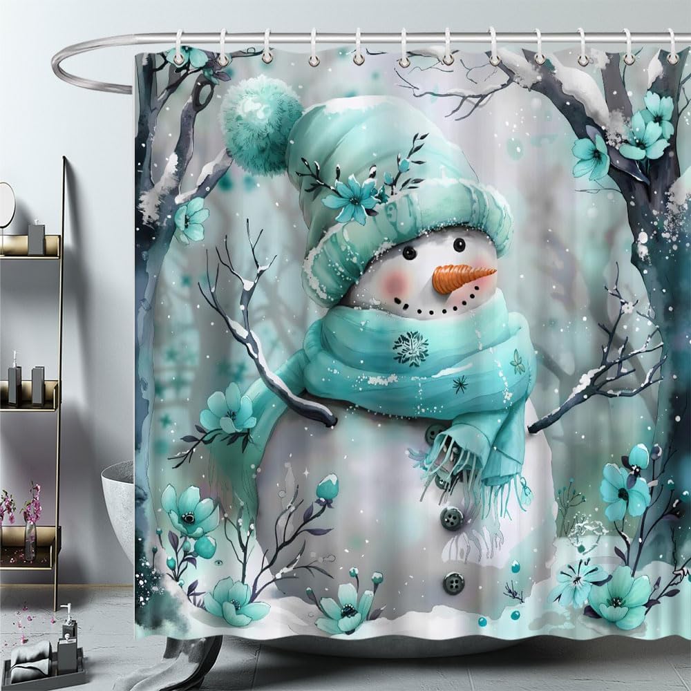 Winter Christmas Snowman Shower Curtain,Rustic Winter Forest Snowflake Funny Snowman with Floral Decor Farmhouse Xmas Polyester Curtains Set with Hooks (Teal, 70" W x 75" H)