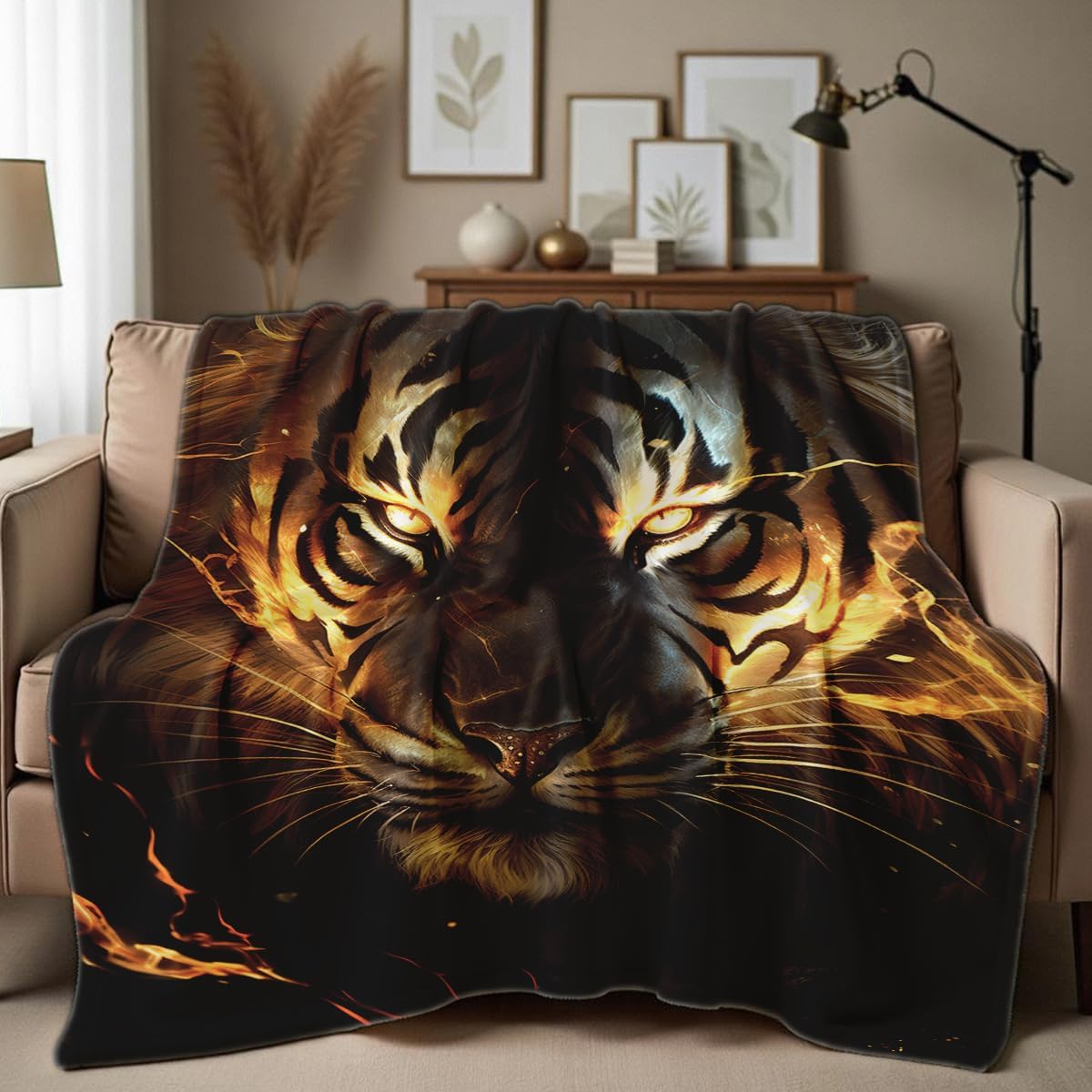 Printed Bed Blanket Black and Gold Animal Throw Tiger Flannel Blankets Queen Size Blankets for Men Boy Bed Sofa Office Chair Blanket (49"x59")