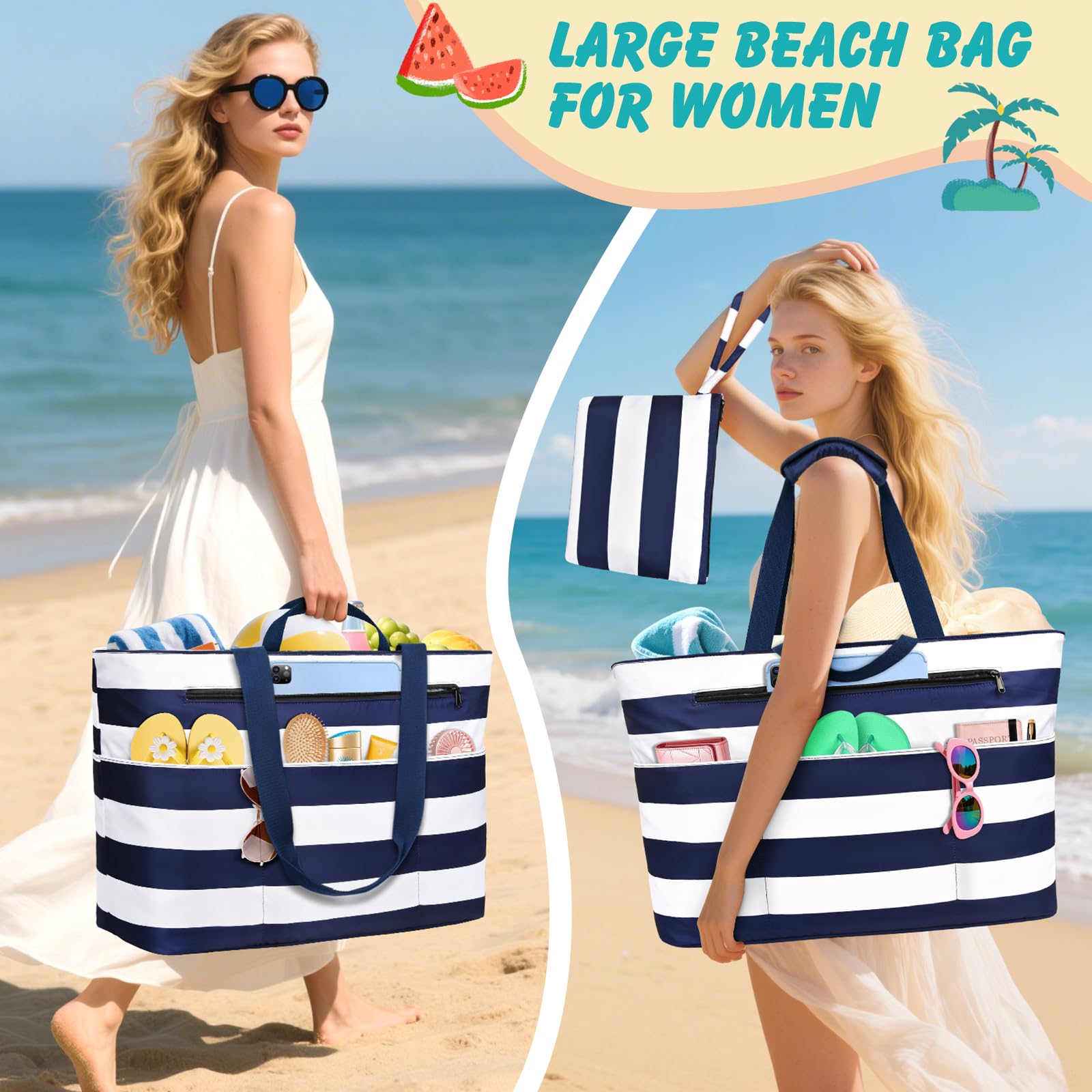 Sac De Plage Femme, Grand Sac Plage Avec Fermeture Éclair Xxl Family Bag Imperméable Pliable Beach Bag Cabas Femme Pour Piscine, Shopping, Vacances. 50L,Rayures bleu-blanc