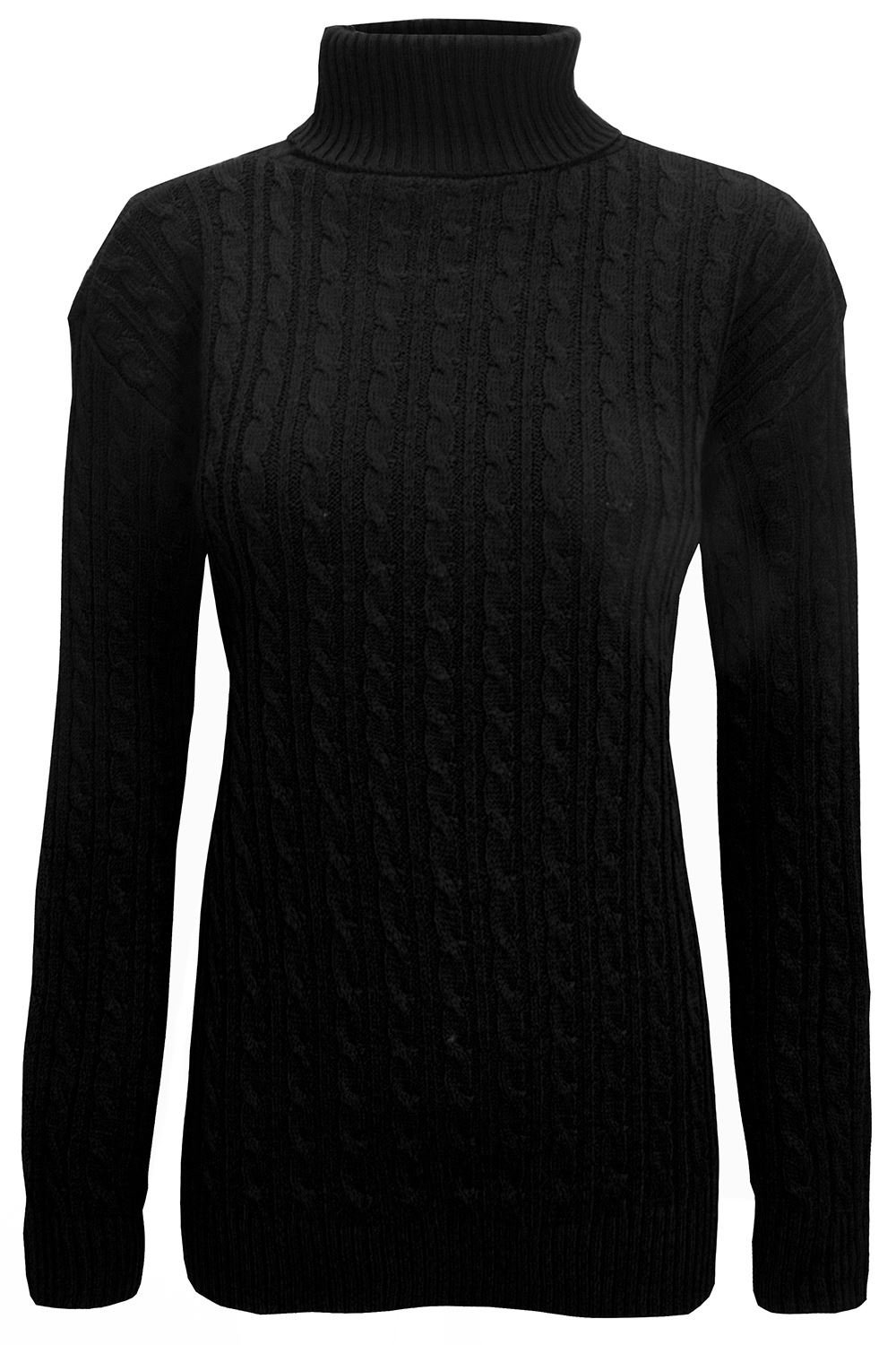 Minni Rossa Women's Black Polo Neck Chunky Cable Knit Jumper Pullover Body Con Mini Dress Tunic Top (, One Size)