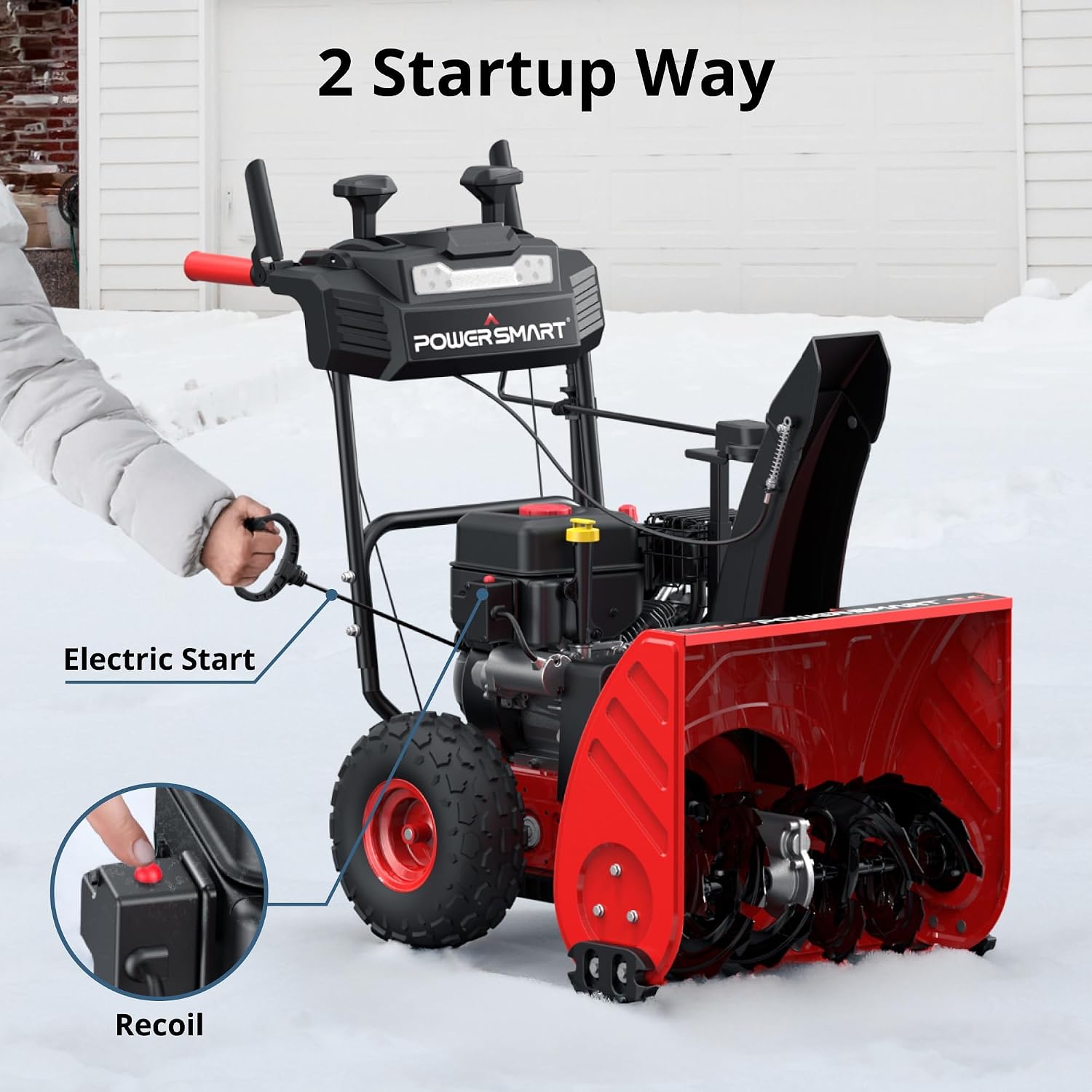 PowerSmart 2-Stage Gas Snow Blower, 24-Inch Self-Propelled with B&S 208cc Engine, 120V Electric Start, 13-Inch Snow Tires, Handle Warmer with LED Lights