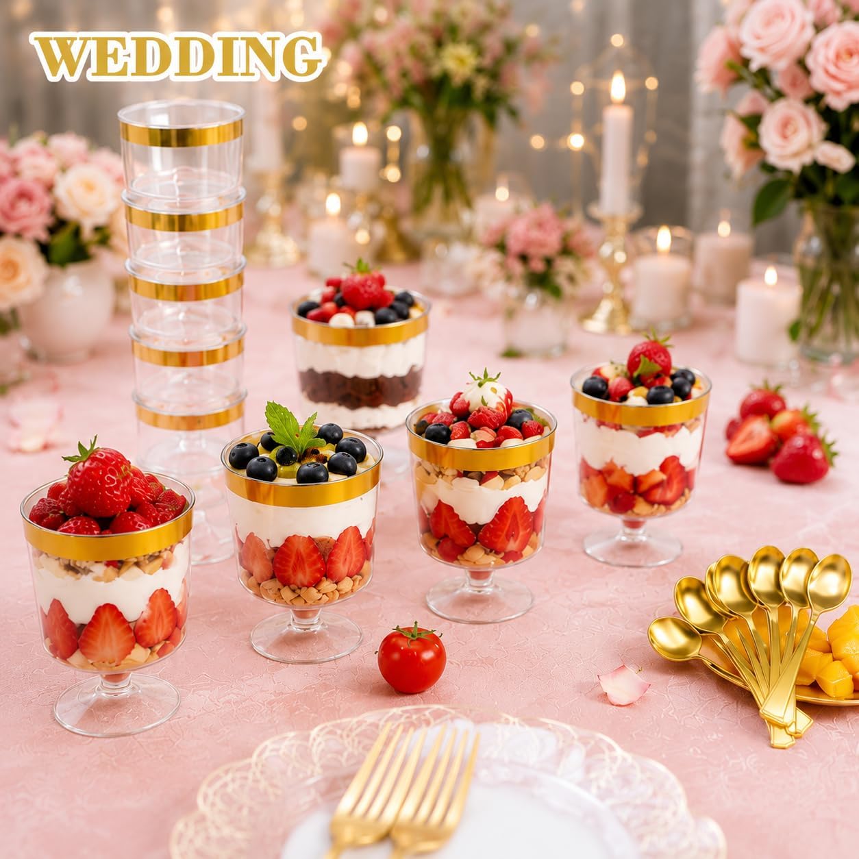 DI QIU REN 120 Pcs 5oz Dessert Cups with Gold Rim and Golden Spoon, Plastic Dessert Parfait Cup Clear Appetizer Pudding Cup, Round Serving Goblet Cups Shot Glasse (Round Goblet with Gold Rim-60Pack)
