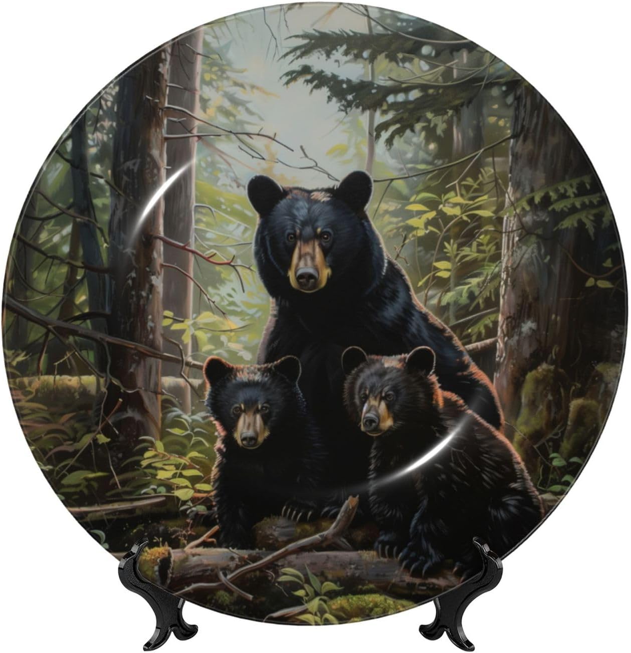 Black bear family print Decorative Bone China Plate with Display Stand, Available in Sizes 6 to 10 Inches, Premium Ceramic Ornament for Home, Office, Kitchen Table, Wall Decor, 8in
