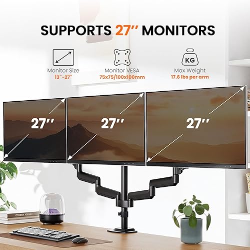 Miniatura 2 de ErGear Soporte de monitor triple para pantallas de 13 a 27 pulgadas, monitores triples de aluminio de alta calidad que soportan hasta 17.6 libras,