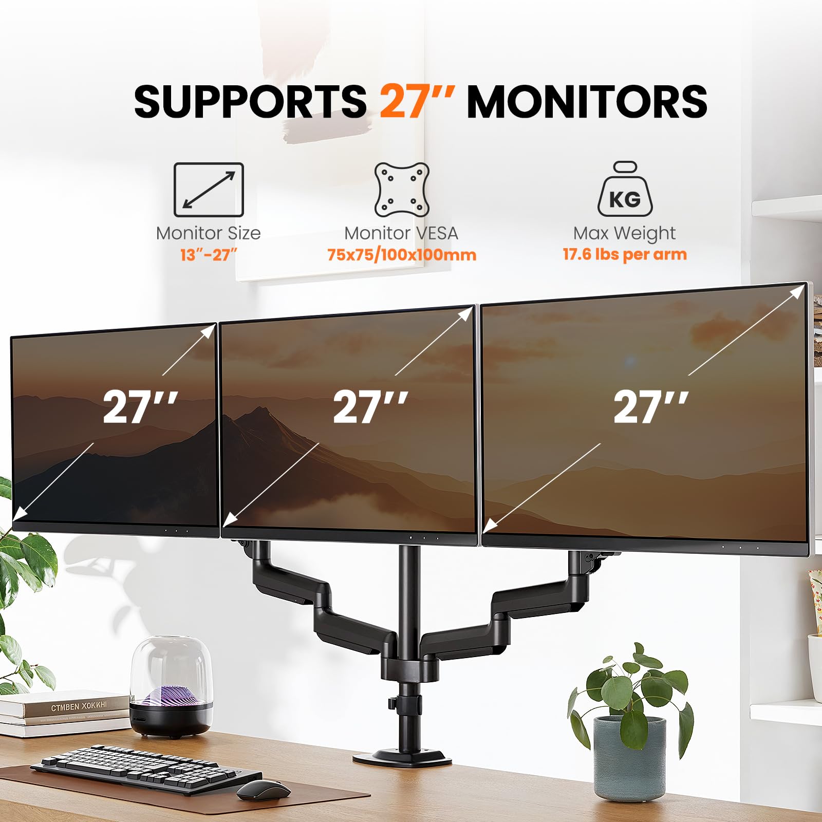 ErGear Support triple écran, ressort à gaz pour écrans de 13 à 27" jusqu'à 8 kg, bras robuste triple avec pivotant, inclinaison, rotation, VESA max 100 x 100 mm, noir