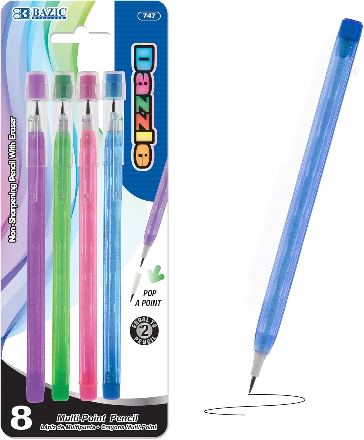 BAZIC PRODUCTS Multi Point Pencil Dazzle w/Latex Free Eraser, Non-Sharpening Multipoint Pencils Smooth Write for Drafting Drawing Sketching (8/Pack), 24-Packs
