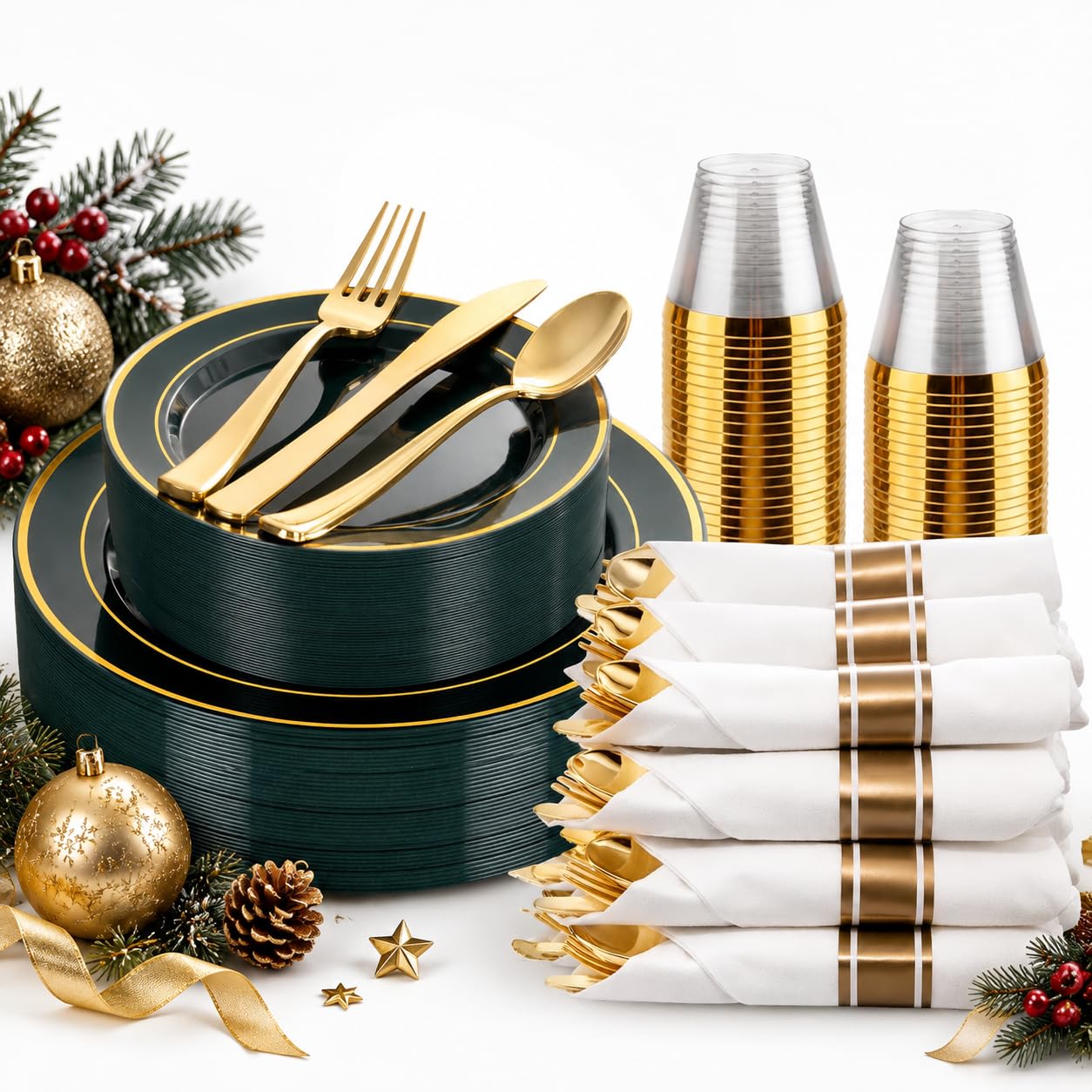 Gold Dinnerware Set for 50 Guests - Disposable Plates & Cutlery -18