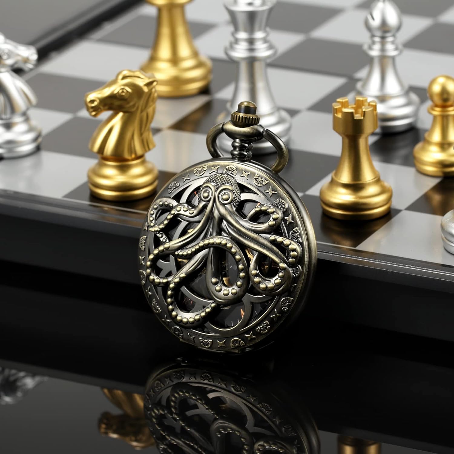 TREEWETO Antique Men's Pocket Watch Octopus Hollow Design Hand Winding Mechanical Mens Fob Watches for Man