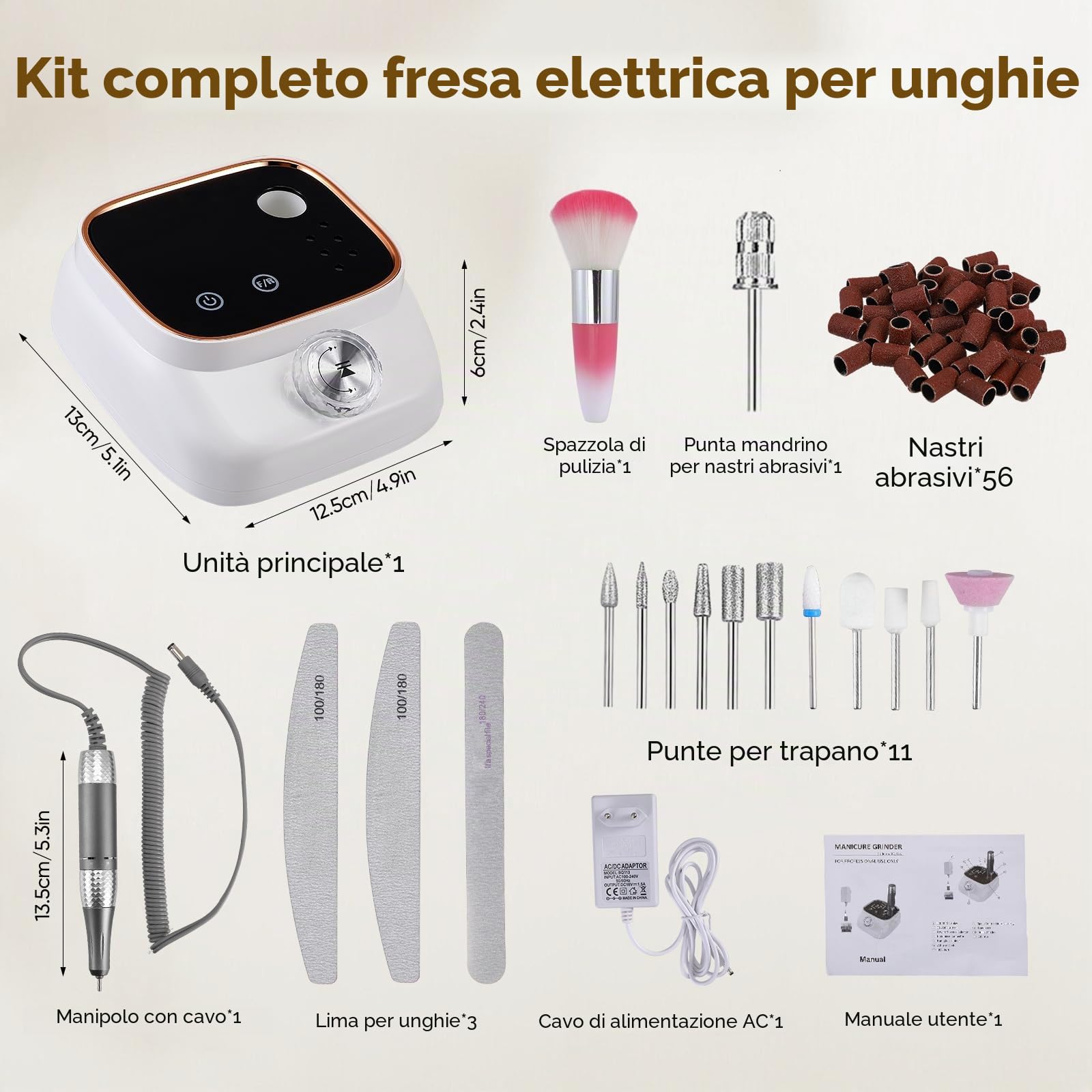 Ponceuse pour Ongles Professionnelle, elettrico per la cura delle unghie con 3 lime per unghie, 11 punte, 56 nastri abrasivi, luce LED, 45.000 RPM per unghie acriliche gel lucidante rimozione manicure