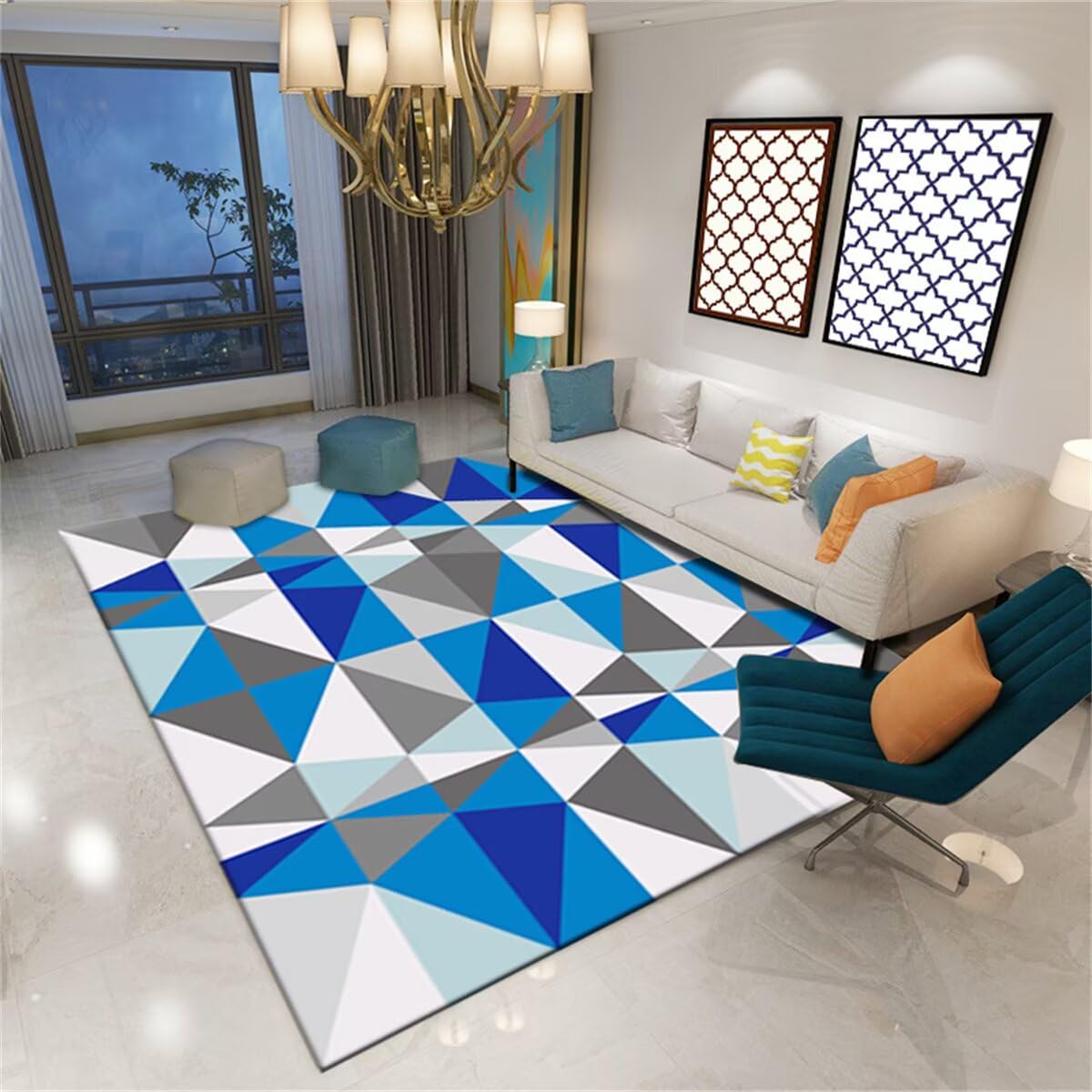 Tapis d'entrée géométrique bleu gris 90x150cm pour sublimer le hall