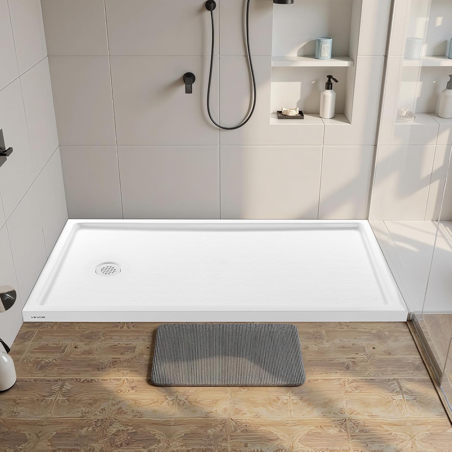 Shower Pan, 60″ L x 36″ W Single Threshold Shower Base, Rectangle Acrylic & PVC Showering Base in White, Slip-Resistant Showering Pan Bases with Drain & Cover for Bathroom, Left Drain