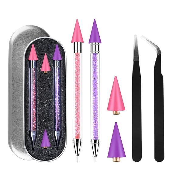 Rhinestone Picker Tool,2 Pcs Rhinestones Diamond Painting Dotting Pen,Rhinestone Tool,Gem Picker Tool,Manicure Nail Art DIY Decoration Tool,Wax Pencil for Rhinestones (Purple and Pink)