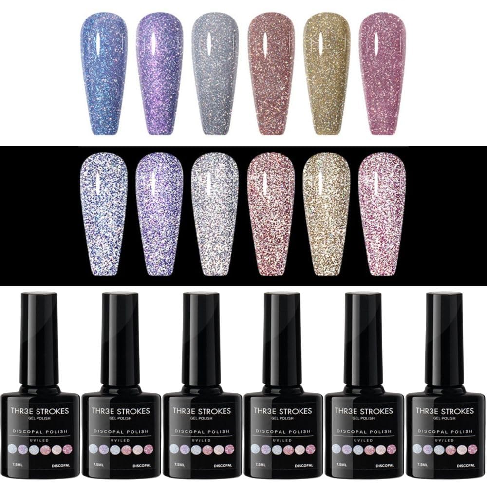 THR3E STROKES Reflective Glitter Gel Nail Polish Set, 6 Colors Including Pink Red Silver Holographic Gel Kit UV LED Soak Off Nail Polish Home DIY Manicure Salon Varnish (DISCOPAL)